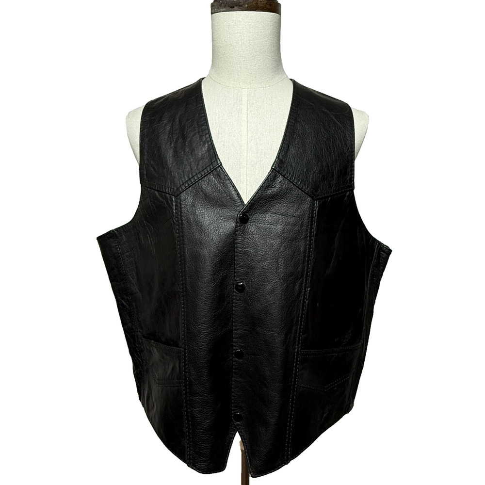 Unik Leather‎ Vest Mens 48 XL Black Western Snap Front Motorcycle Biker